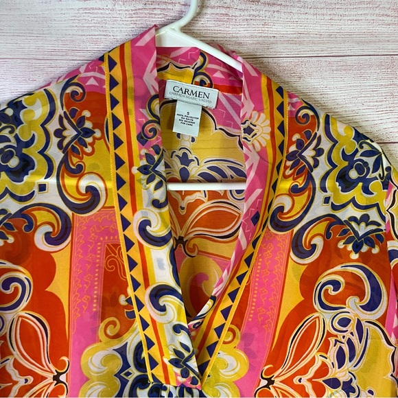 Carmen Marc Valvo Multicoloer Paisley Sheer Kimono Pullover Blouse Size Small - Picture 3 of 5